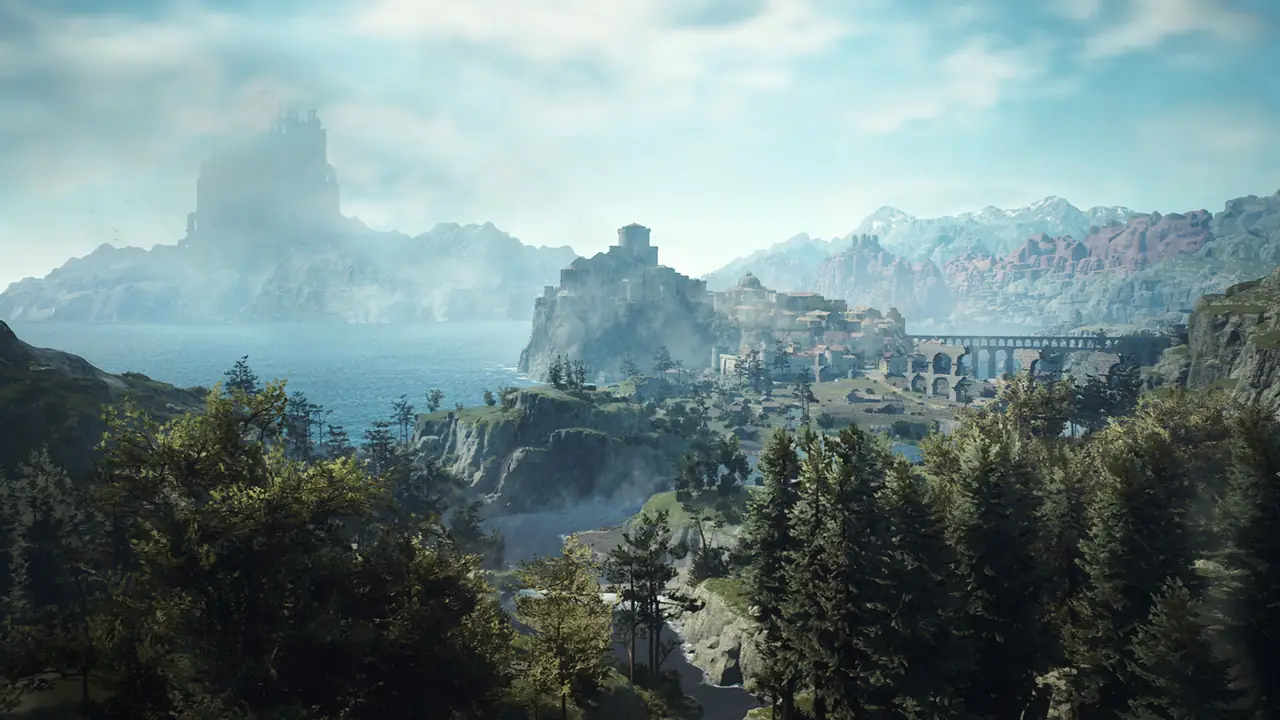 Party of four adventurers overlooking a coastal castle and fortified city in Vermund